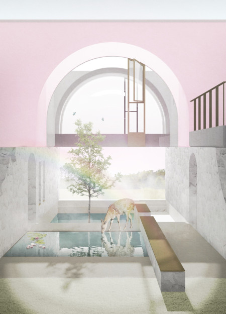 Herbal Pond Retreat With Local Stone and Curvilinear Forms for Mindful Reflection