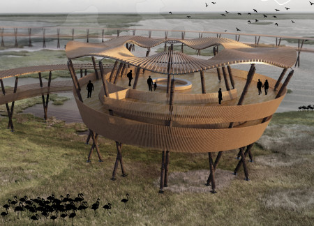 Flamingo Observation Tower Crafted From Sustainable Timber and Concrete In A Wetland Reserve  