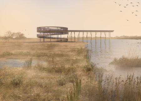 Elevated Observation Tower Crafted from Laminated Timber and Steel Columns Overlooking Wetland Ecosystem