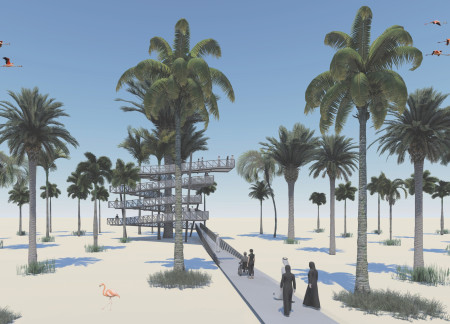 Zigzagging Steel Grate Pathways with Natural Wood Integration in a Sustainable Observation Tower  