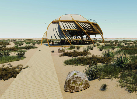 Tensile Membrane Structure Blending Laminated Wood With Desert Ecology For Contemplative Spaces