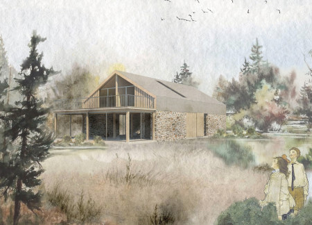 Community-focused residence featuring cross-laminated timber and restored stone masonry in a serene environmental setting