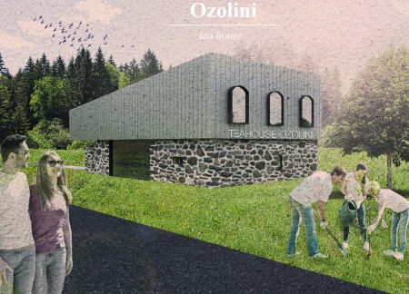 Historic Masonry and Large Windows Blend with Natural Stone in a Community Tea House  
