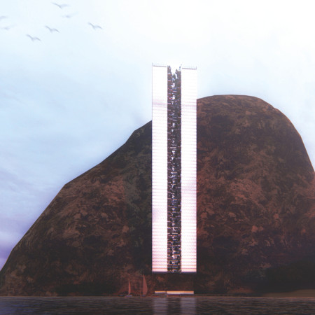 Suspended Glass Facade Overlooking a Natural Bluff With Integrated Photovoltaic Panels and Biophilic Design Elements  