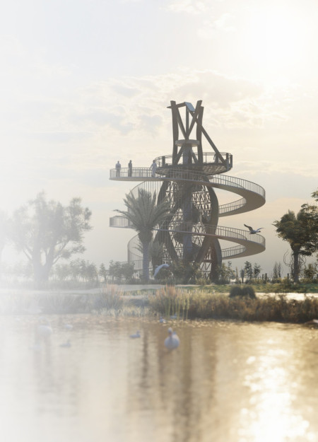 Spiral Observation Tower Embracing Sustainable Steel and Glass in Wetland Ecology