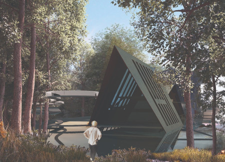 Charred Wooden Shingles And Geometric Forms in a Community-Centric Space  