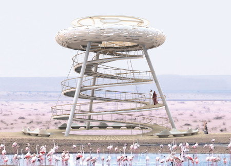 Spiral Observation Tower Crafted from Stainless Steel and Solid Wood Emphasizing Ecological Connection