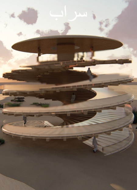 Spiral Observation Tower Crafted From Cast Plexiglass and Natural Wood in the Desert Landscape