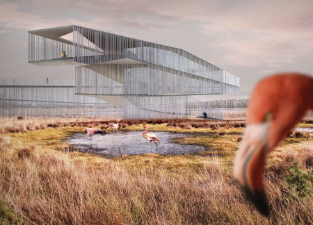 Ecological Observation Structure With Transparent Glass and Warm Wood Elements in a Vibrant Wetland Habitat