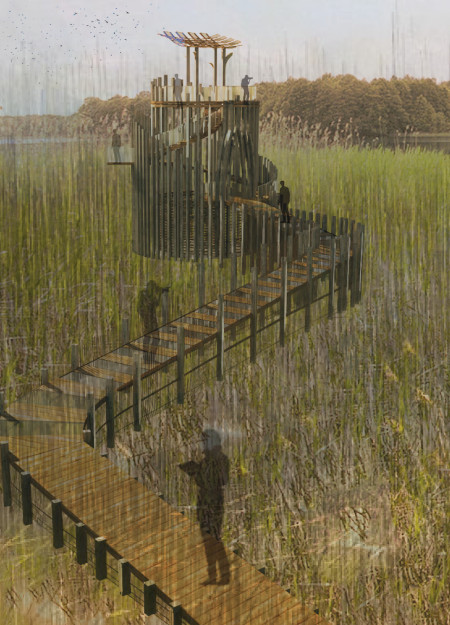 Fiberglass and Palm Frond Structure Offering Elevated Views in Wetland Reserve  