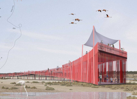 Curvilinear Observation Structure Embracing Steel and Solar Fabric in a Biodiverse Wetland Environment