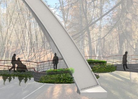 Tensioned Steel Arches Intertwined with Indigenous Vegetation in a Pedestrian Connector