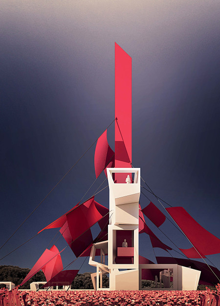Flamingo-Inspired Observation Tower Featuring Modular Fabric Panels and Sustainable Concrete Construction  
