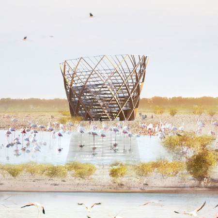 Spiral Observation Tower Crafted from Laminated Wood and Steel in a Unique Wetland Setting  