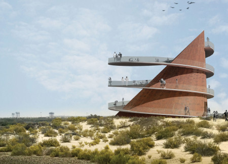 Fluids of Light Through Perforated Metal and Natural Stone in a Spiraling Nature Observation Tower