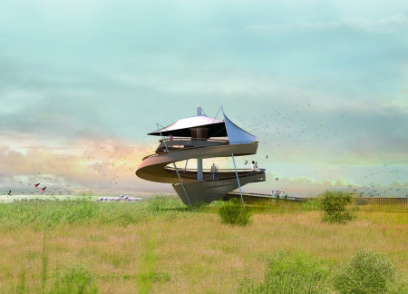 Spiral Observation Tower Featuring PTFE Canopy and Local Timber Elements in Wetland Ecosystem