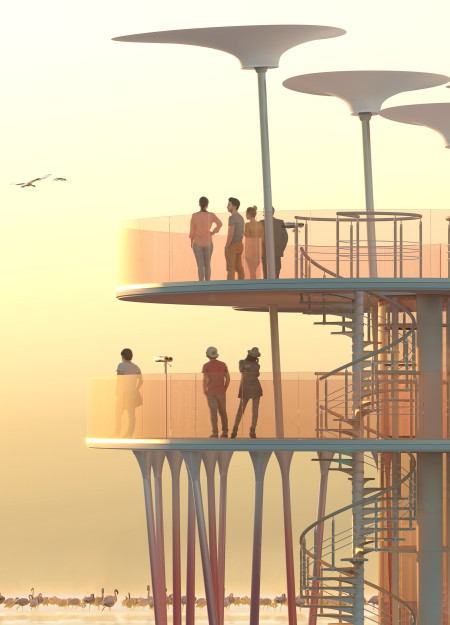Biomimetic Spiral Observation Tower Featuring Pink-Tinted Glass and Weather-Resistant Fabric
