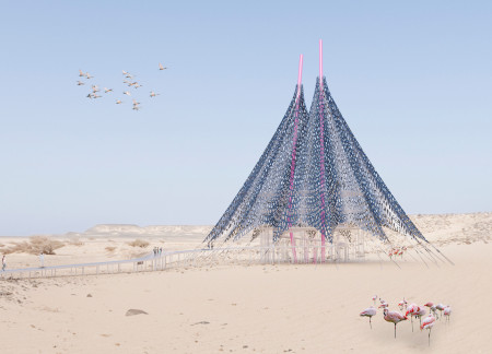 Observation Tower Featuring a Metallic Mesh Facade and Curvilinear Form in a Desert Environment  