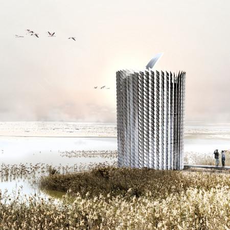 Feather-Like Cladding and Curved Glass Create a Unique Observational Experience in a Wetland Setting  