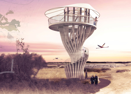 Spiral Observation Tower Crafted from Architectural-Grade Concrete and Polymer Composites in Wetland Setting