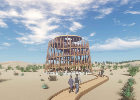 Wildlife Observation Center Featuring Natural Wood Brown and Charred Shingles in Desert Ecology