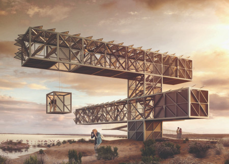 Elevated Observation Tower With Upcycled Steel Cranes and Natural Ventilation in Desert Wetlands