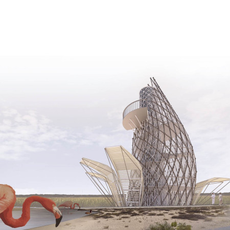 Elevated Observation Tower Featuring Steel Exoskeleton and PTFE Canopy in a Wetland Setting  