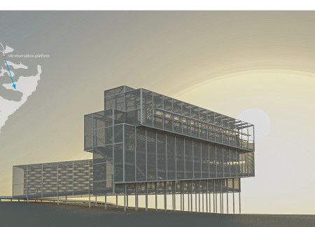 Elevated Observation Deck Featuring Expanded Metal and Prestressed Foundations Amidst Natural Wetlands  