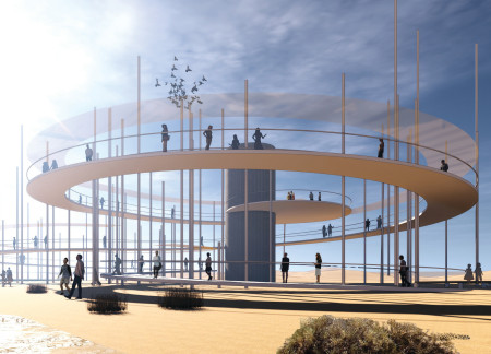 Spiral Walkway Crafted From Prefabricated Concrete and Transparent Canopies for Wildlife Observation