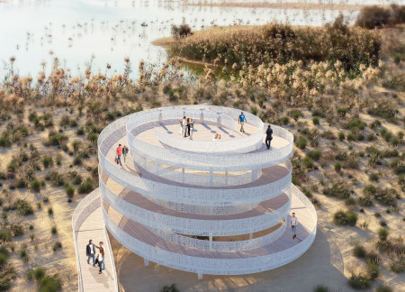 Spiral Tower Constructed with Metal Mesh and Concrete in a Mangrove Landscape