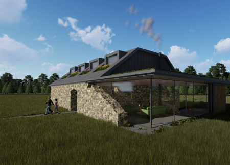 Charred Wooden Shingles and Green Roofs Complementing Community Engagement in Sustainable Lodging  