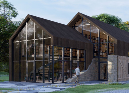 Charred Wood Shingles Harmonize With Natural Stone in a Tranquil Retreat Space