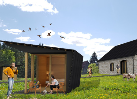 Charred Wooden Shingles and Stone Facade Harmonized with Natural Surroundings in a Serene Guest House Experience