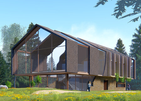 Recycled Glass Facade and Sustainable Hay Roofing Enhance Community Retreat In Natural Setting