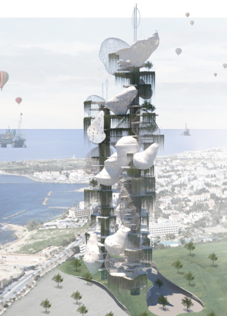 Cocoon-Inspired Vertical Living Incorporating Rainwater Harvesting and Climbing Flora