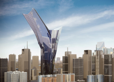 Twisting Glass Facade and Vertical Gardens in a Multi-Use Urban Landmark