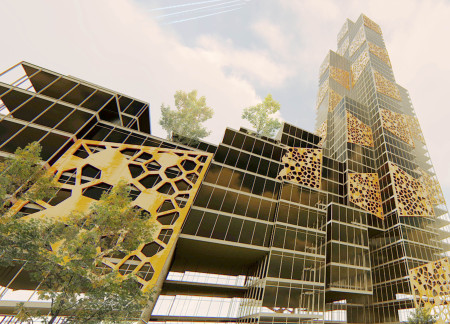 Vertical Farming Skyscraper With Corten Steel Facade and Green Rooftop Integration
