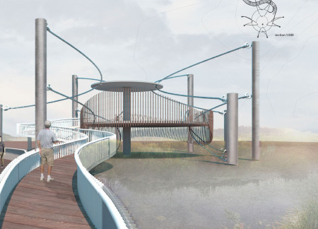 Elevated Observation Platform Crafted from Recycled Concrete and Stainless Steel Cables Designed for Immersive Nature Engagement