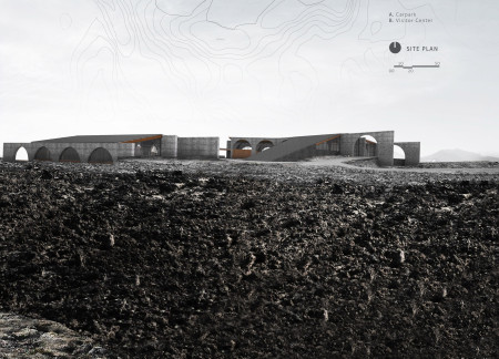 Elevated Pathways and Polished Concrete Form a Sustainable Visitor Center Within Volcanic Landscapes  