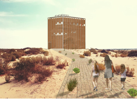 Community space with a façade of palm fronds and energy-efficient design in a desert setting