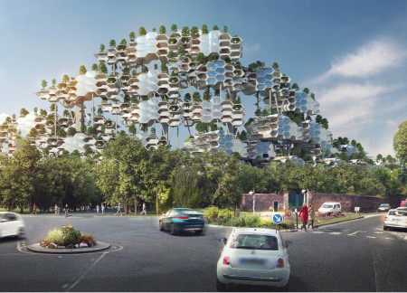 Charred Wooden Shingles and Hexagonal Modules in a Sustainable Urban Environment