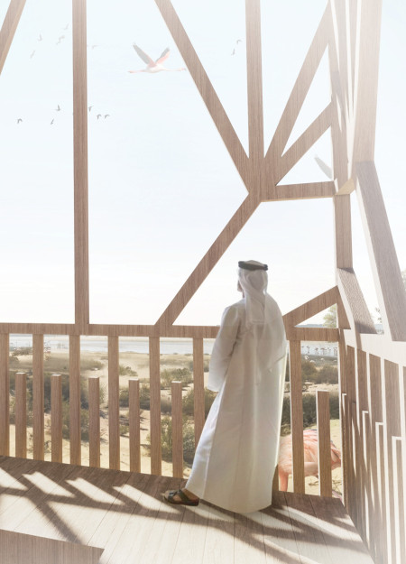 Observation tower featuring sustainable materials and environmental integration in a wetland setting