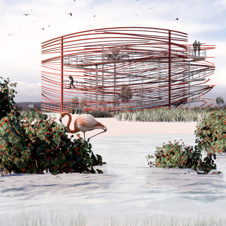 Perforated Steel Facade Blending Natural Flora With a Spiral Observation Ramp  