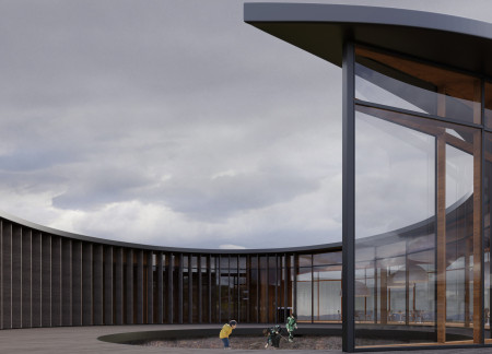 Circular Formation of Charred Shingles and Panoramic Glass in A Community Space