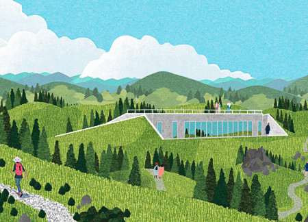 Visitor center showcasing panoramic glazing and local stone integration in a volcanic landscape  