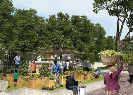 Sustainable Community Hub Utilizing Reclaimed Wood and Galvanized Iron with Edible Garden Integration