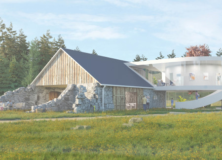 Cylindrical Glazing and Natural Stone Harmonize in a Community-Centric Residence  