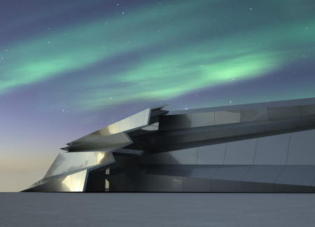 Reflective Stainless Steel Facade Complementing Geometric Form in Icelandic Museum  