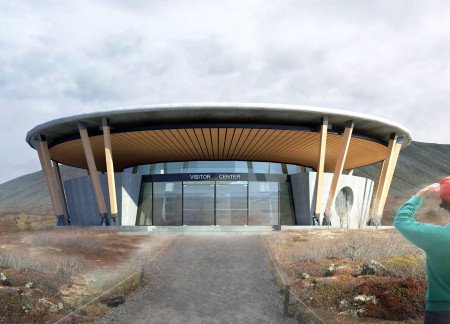 Eco-Friendly Design Featuring Rainwater Atrium and Concrete Shell in Volcanic Landscape Visitor Center