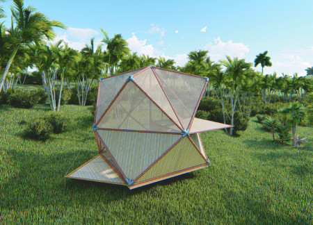 Foldable Structure with Bamboo Framework and Polyethylene Canvas in Tropical Setting  